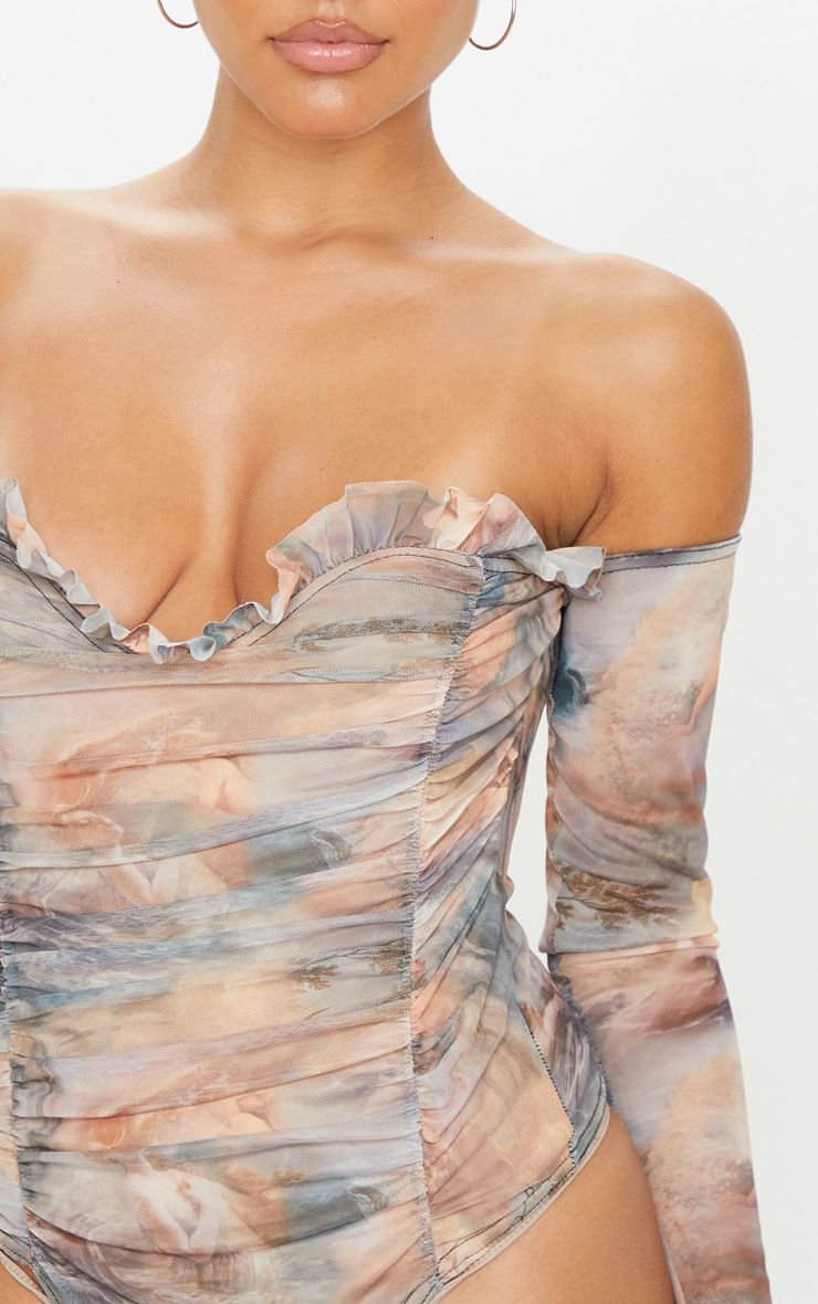 Multi Water Renaissance Printed Mesh Ruched Bardot Bodysuit | PrettyLittleThing US
