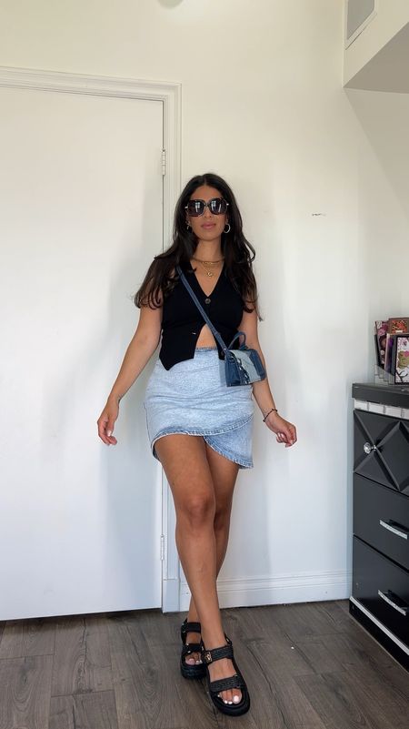 Denim skirt outfit 
Wearing a small in the skirt and waistcoat. 
Casual summer outfit 
Mini skirt outfit 

#LTKStyleTip #LTKFindsUnder50 #LTKSeasonal