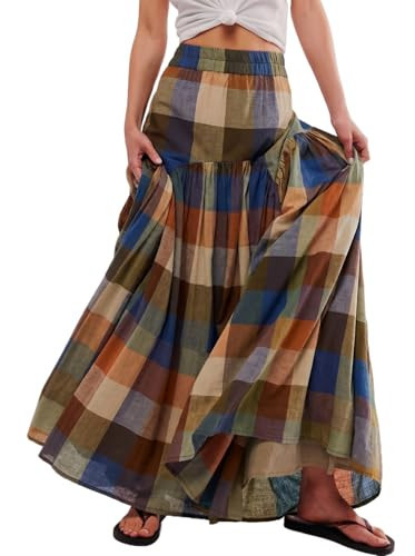 TinyCribz Women's Ruched Plaid Maxi Skirt – Casual High Waist A-Line XL | Amazon (US)