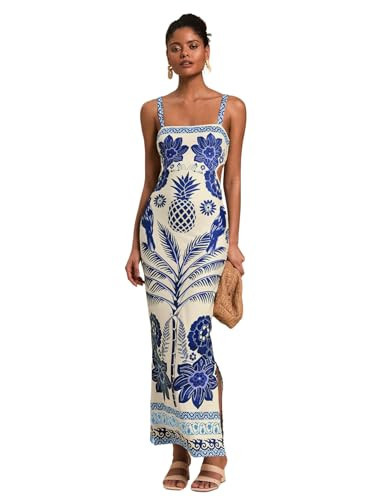 Floerns Women's Tropical Bow Tie Back Long Dress Sleeveless Split Vacation Maxi Dress Blue Large ... | Amazon (US)