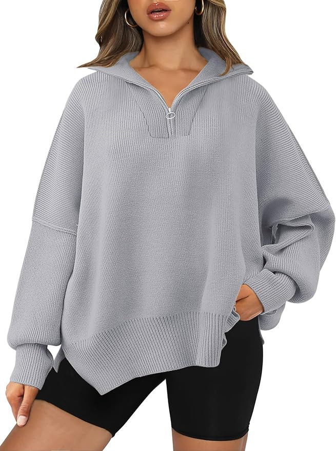 LILLUSORY Women's Oversized Sweaters 2023 Fall Zipper Collared Drop Shoulder Tunic Pullover Split... | Amazon (US)