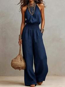 LocalWomen's Khaki Boho Halter Wide Leg Jumpsuit, Sexy Sleeveless Smocked Waist, Light Linen-Like... | SHEIN
