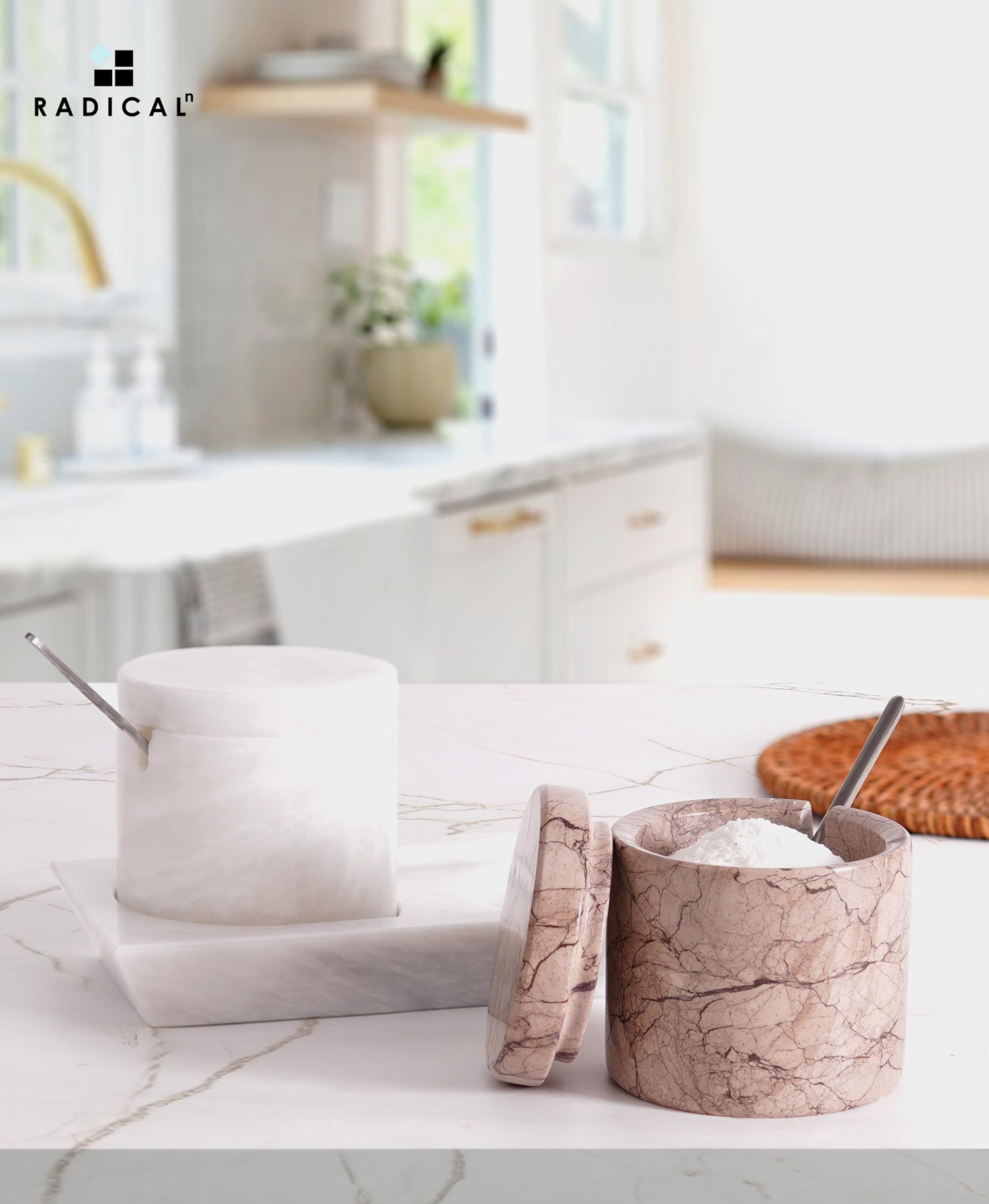 Radicaln Marble Salt Cellar with Lid and tray 3 Inch White and Marinara Salt Container, Set of 2 Seasoning Jars, Spice Storage Container for Kitchen countertop, spice jars Sugar bowl | Amazon (US)