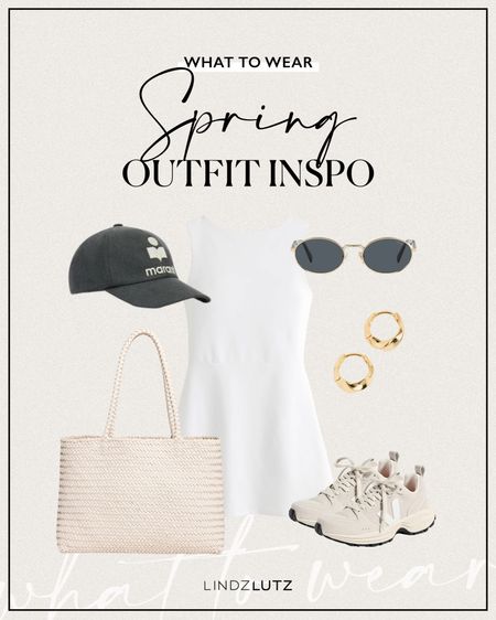 Spring Outfit Inspo 🤍 What I’m Wearing This Spring: white tennis dress, isabel marant ball cap, oval sunglasses, woven leather tote bag, gold huggie earrings and cream sneakers 

#LTKfitness #LTKstyletip