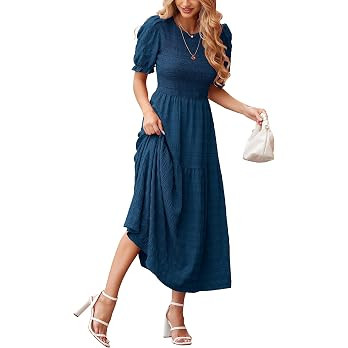 dowerme Womens Summer Dresses 2026 Casual Puff Short Sleeve Crewneck Smocked Flowy Ruffle Boho Be... | Amazon (US)