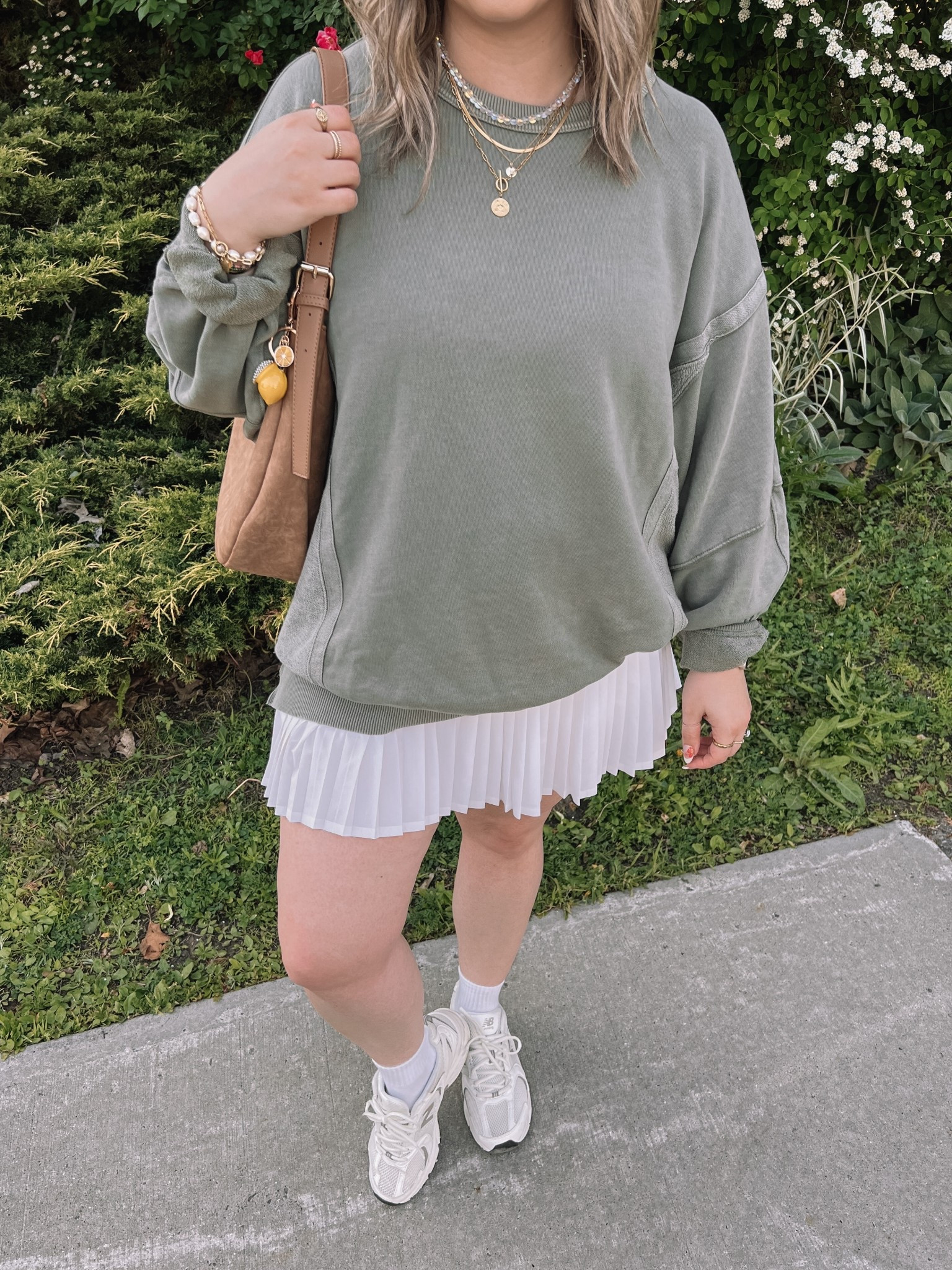 Casual spring outfit from last year! Olive green sweatshirt runs big, I sized down 1. white tennis skirt is tts. New balance sneakers are so comfy but run big, I sized down .5


#LTKmidsize #LTKsummer #LTKsale