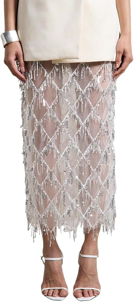 Pinclodly Sequin Skirt for Women Elastic High Waist See Through Maxi Skirt Side Slit Sparkly Frin... | Amazon (US)