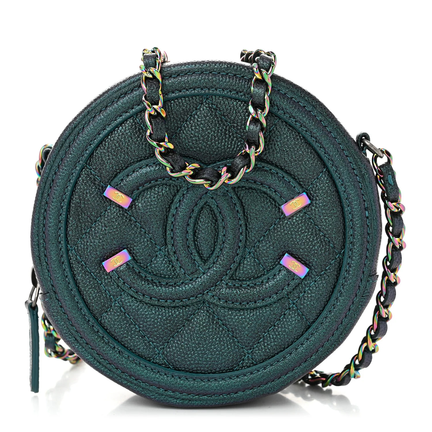 Iridescent Caviar Quilted Round Filigree Crossbody Dark Turquoise | FASHIONPHILE (US)