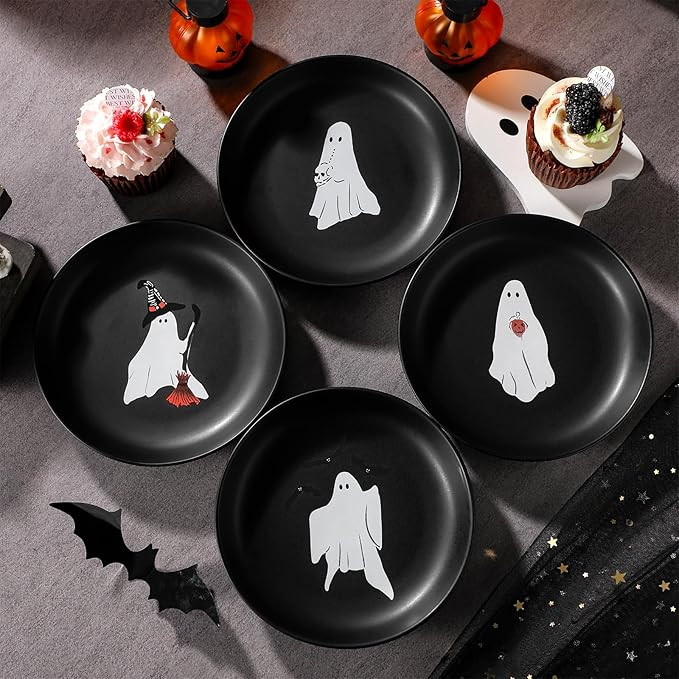 4 Pack Stoneware Appetizer Plates Ceramic Halloween Ghost Plates Reusable Spooky Round Dinner Des... | Amazon (US)