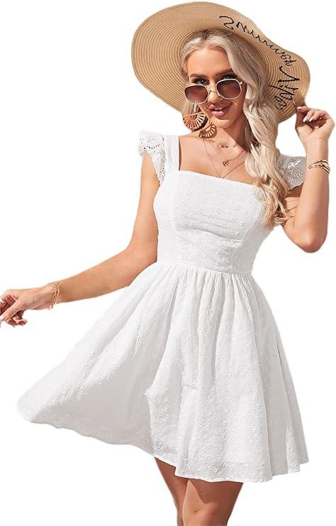 Floerns Women's Eyelet Embroidery Ruffle Trim Sleeveless Knot Back A Line Dress | Amazon (US)