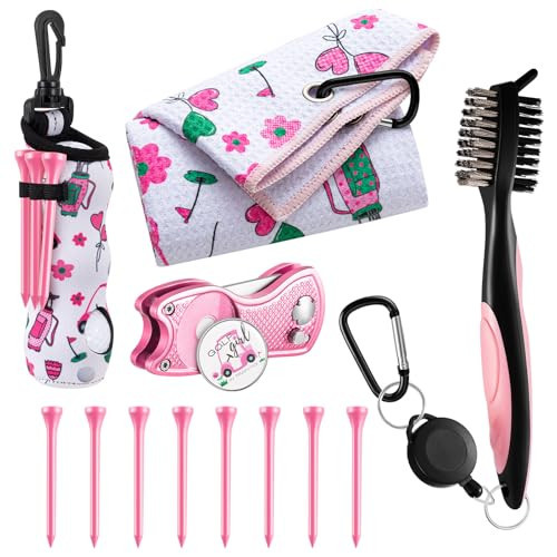 Liliful 13 Pcs Pink Golf Accessories Kit with Cute Pattern, Include Golf Ball Bag with Hook Towel Tees Magnetic Ball Marker Divot Tool Cleaner Brush for Women Girls Gifts | Amazon (US)