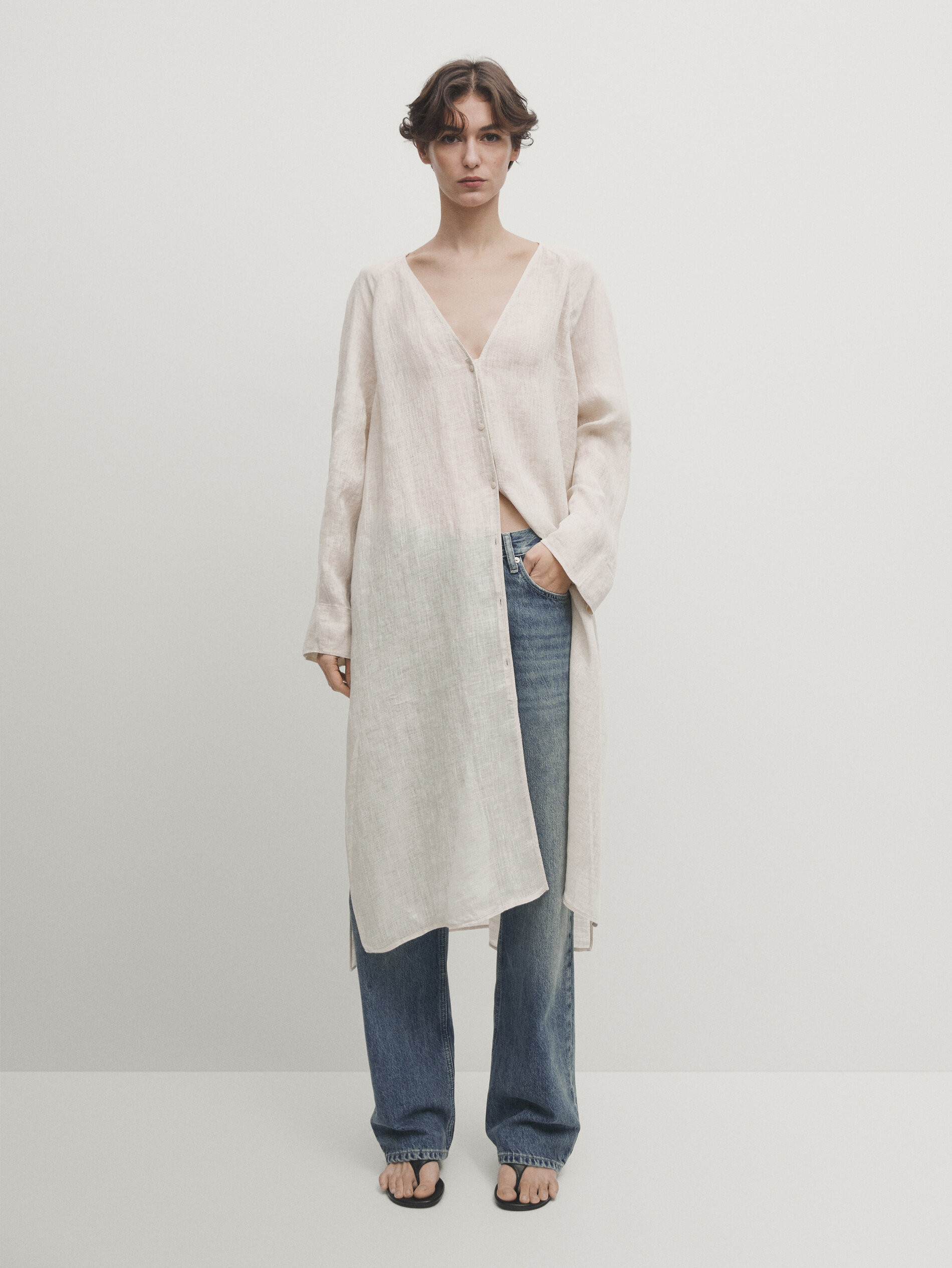100% linen maxi oversize blouse | Massimo Dutti US