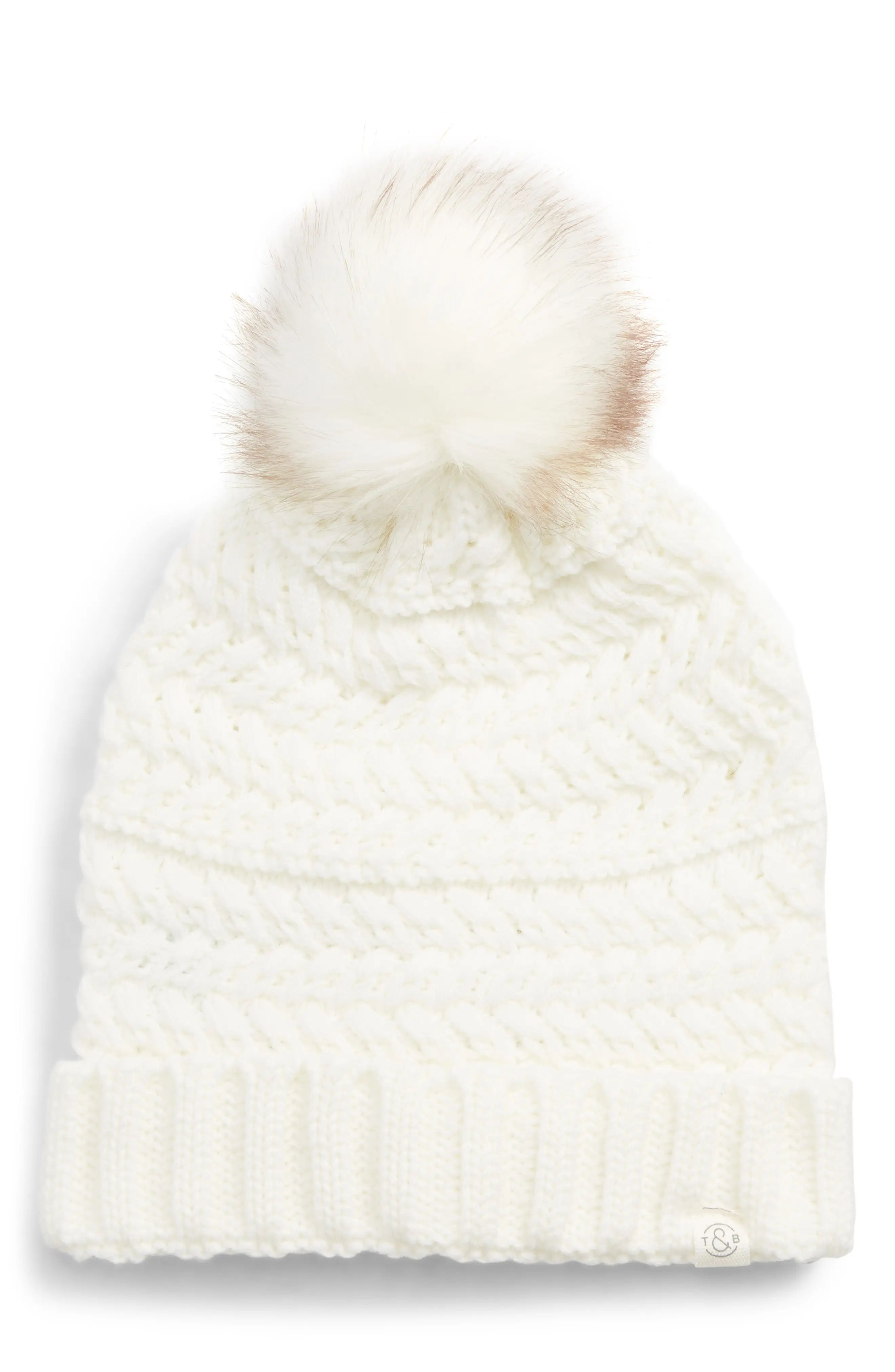 Treasure & Bond Cable Knit Beanie with Faux Fur Pom | Nordstrom