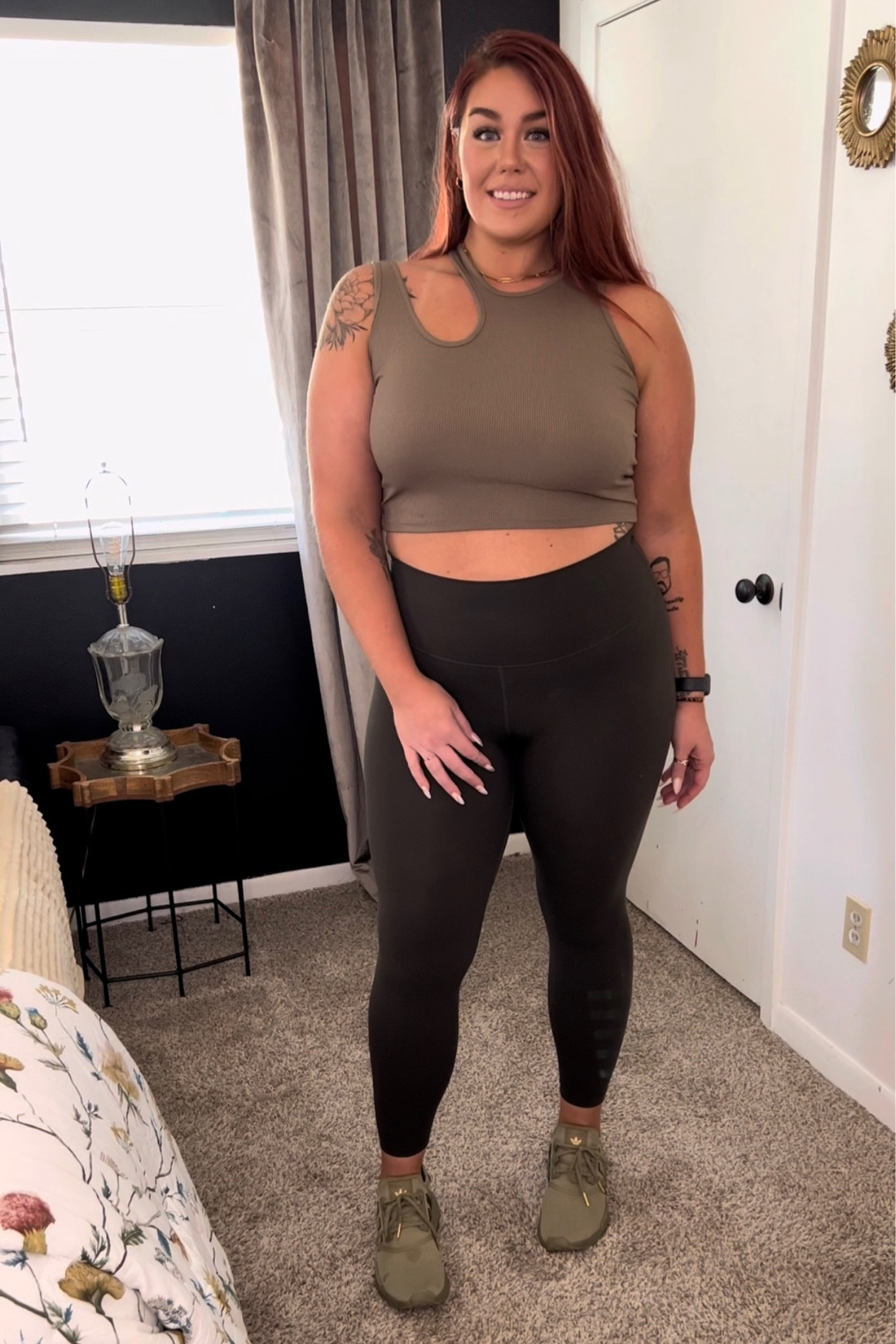Love this neutral athleisure outfit. The gold and velvet details on the adidas gives it that extra push past your basic workout fit.

Top: XL
Leggings: LG
Shoes: 11