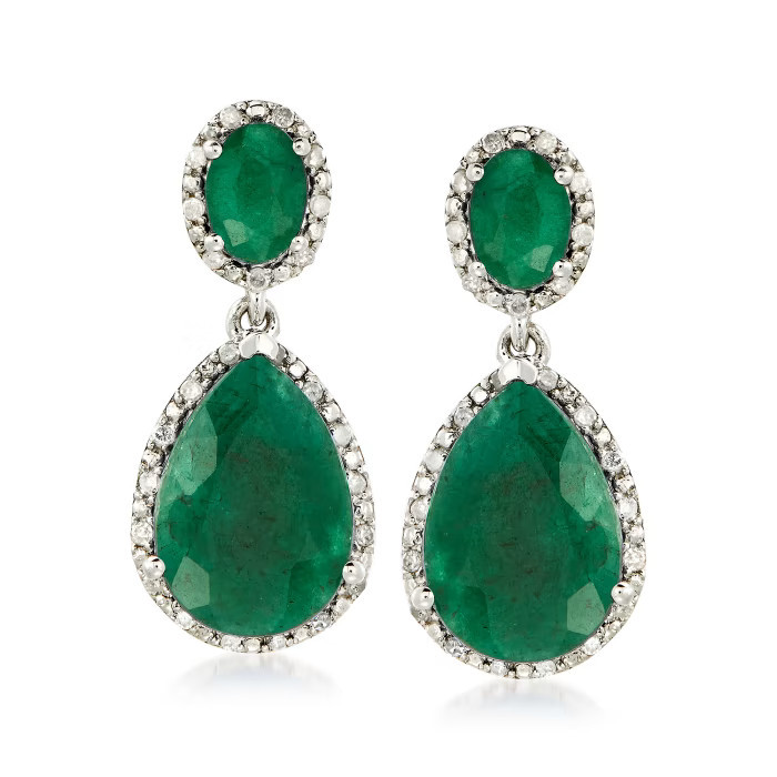 10.50 ct. t.w. Emerald and .35 ct. t.w. Diamond Drop Earrings in Sterling Silver | Ross-Simons