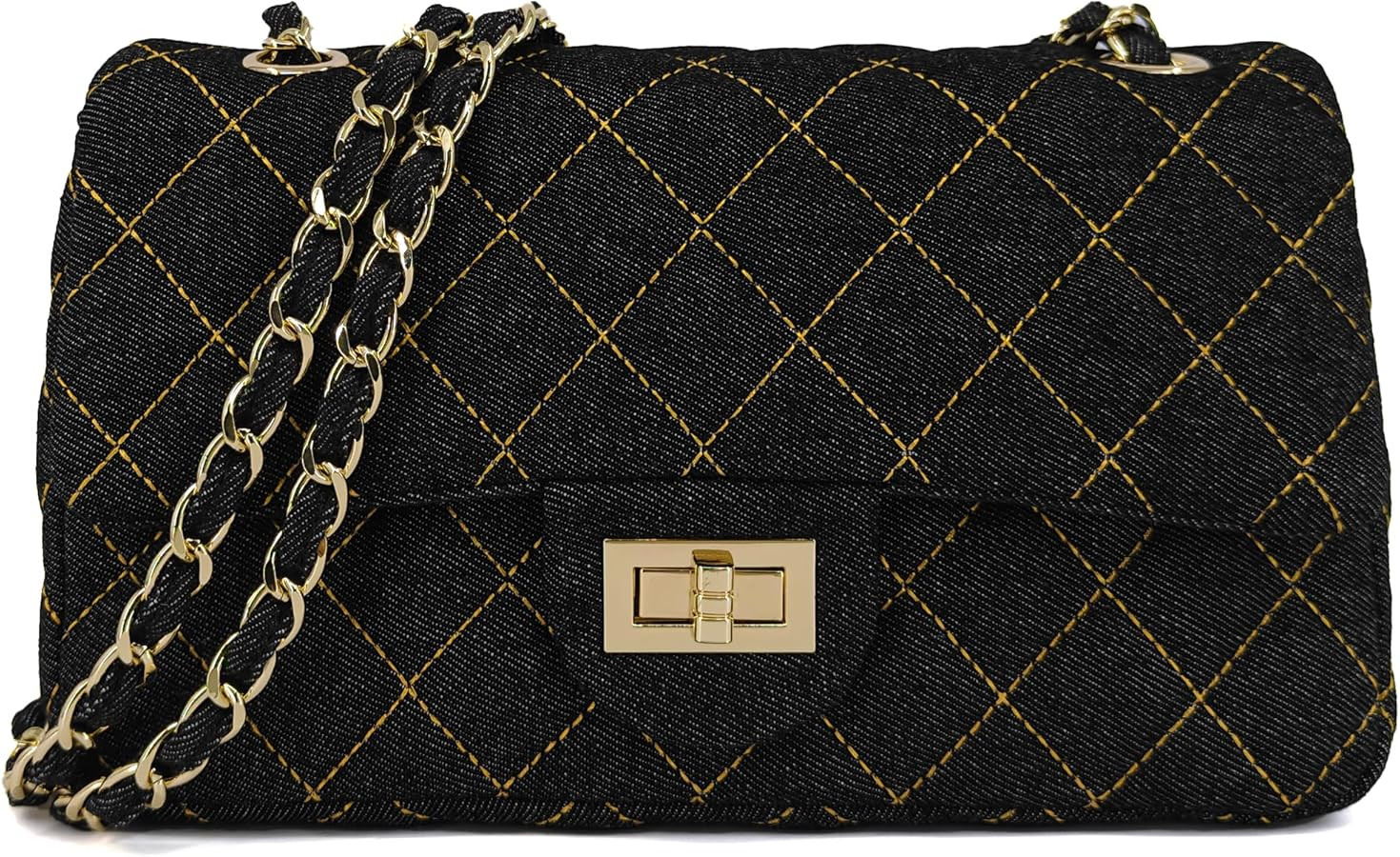 Quilted Denim Crossbody Bags for Women, Chain Strap Shoulder Bags, Medium Double Flap Purse, Gold... | Amazon (US)