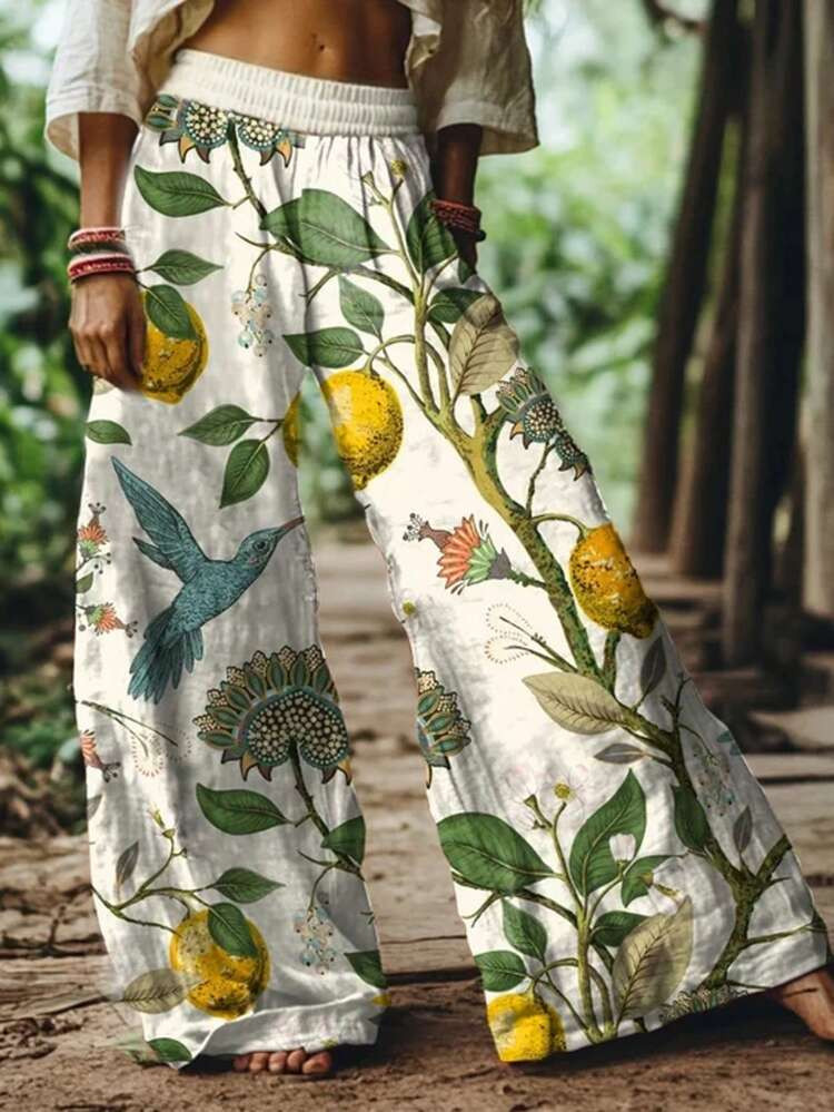 2026 Spring Summer New Arrival Bohemian Women's Pants - White Lemon Hummingbird Plant Print High ... | SHEIN