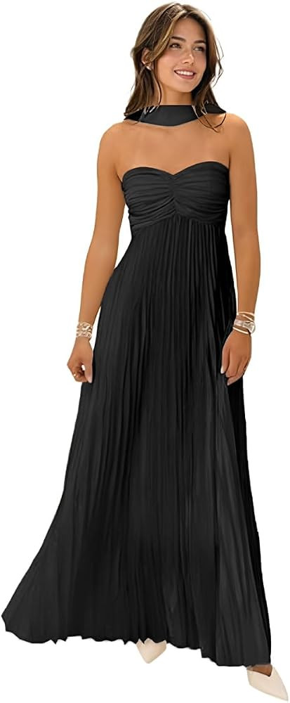Women Bridesmaid Dress with Scarf Strapless Pleated Satin Flowy Formal Evening Gown Maxi Dresses | Amazon (US)