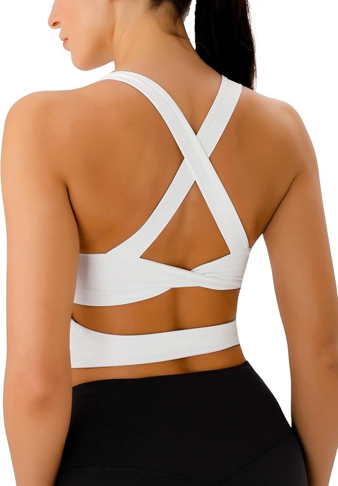 Sports Bras for Women Criss-Cross Back Padded Workout Tank Tops Medium Support Crop Tops for Women | Amazon (US)