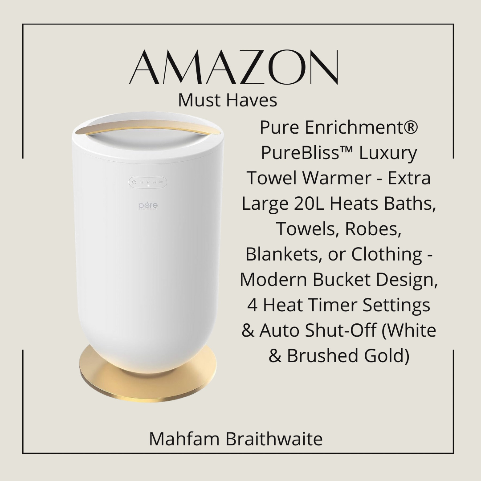 
Pure Enrichment® PureBliss™ Luxury Towel Warmer - Extra Large 20L Heats Baths, Towels, Robes, Blankets, or Clothing - Modern Bucket Design, 4 Heat Timer Settings & Auto Shut-Off (White & Brushed Gold)

#LTKxPrime #LTKhome #LTKfamily