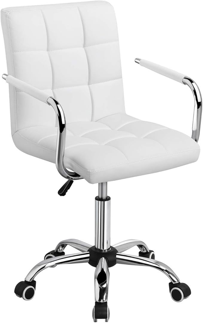Yaheetech White Desk Chairs with Wheels/Armrests Modern PU Leather Office Chair Midback Adjustabl... | Amazon (US)