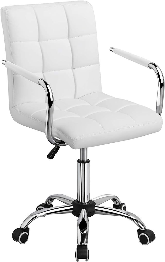 Yaheetech White Desk Chairs with Wheels/Armrests Modern PU Leather Office Chair Midback Adjustabl... | Amazon (US)