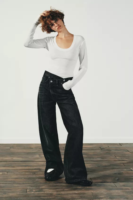 TRF HIGH WAIST CROSSOVER WAIST WIDE LEG JEANS | Zara US