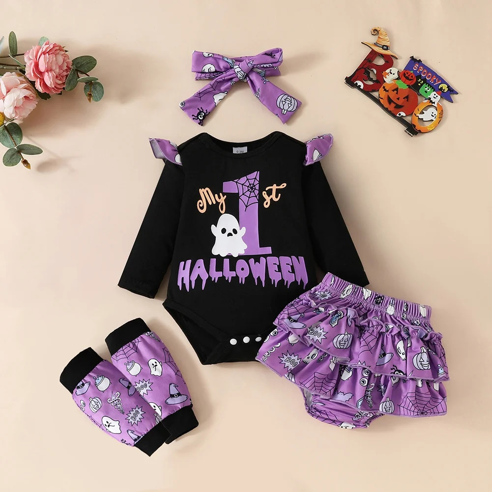 4Pcs Baby Girls My 1st Halloween Party Costumes Ghost Printed Outfits Long Sleeve Romper + Layere... | Walmart (US)