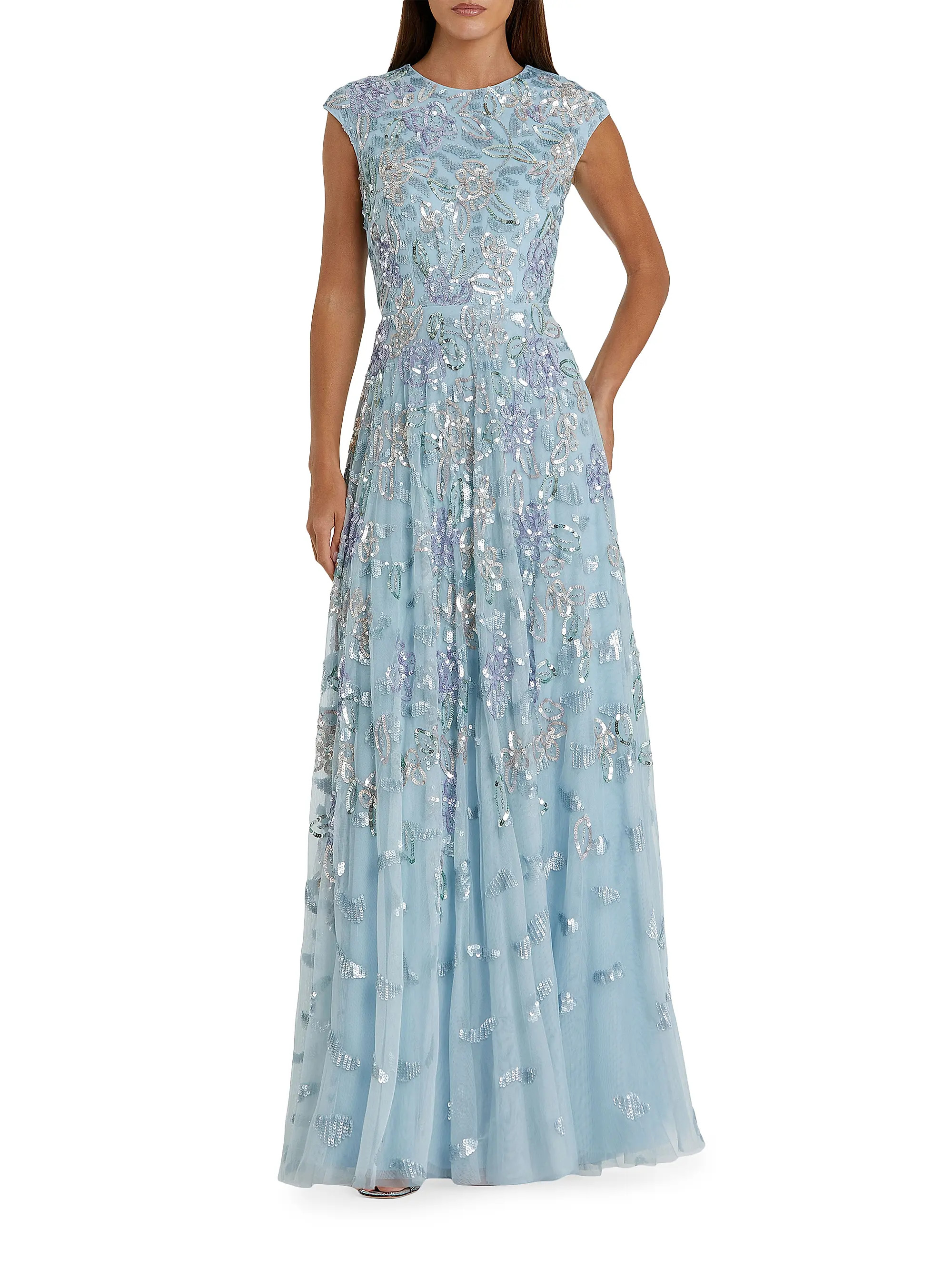 Evening Sequined Cap-Sleeve A-Line Gown | Saks Fifth Avenue