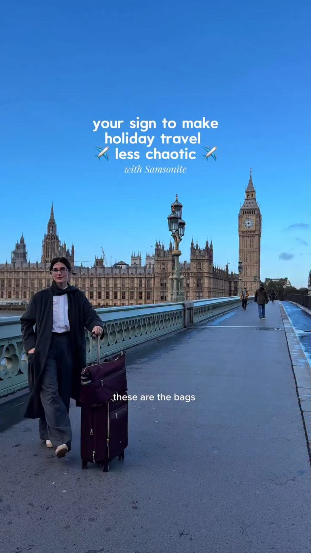Holiday travel doesn’t have to be stressful ✈️🧳 not when you have @samsoniteusa by your side #samsonitepartner The Mobile Solution 2 Carry-On and Tote made every moment feel effortless.

The dual spinner wheels glided through cobblestone streets with ease, and the tote kept everything I needed right where it should be - laptop, passport, and water bottle included.

Wherever you’re headed this holiday season, skip the chaos and travel smooth with Samsonite 🇬🇧✨ #holidaytravel #traveltips