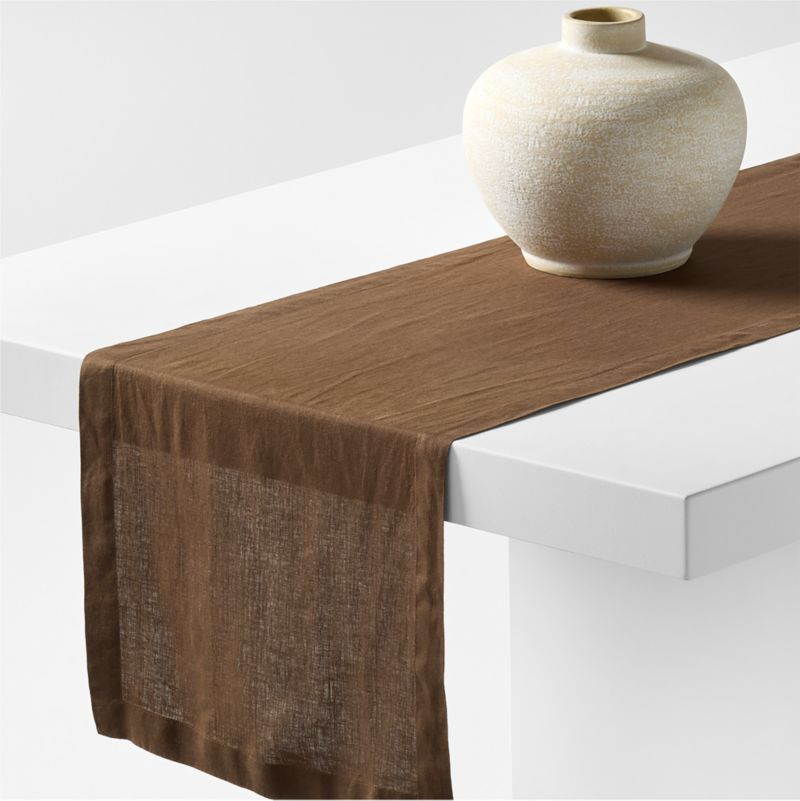 Marin 120" Earth Brown EUROPEAN FLAX -Certified Linen Table Runner + Reviews | Crate & Barrel | Crate & Barrel