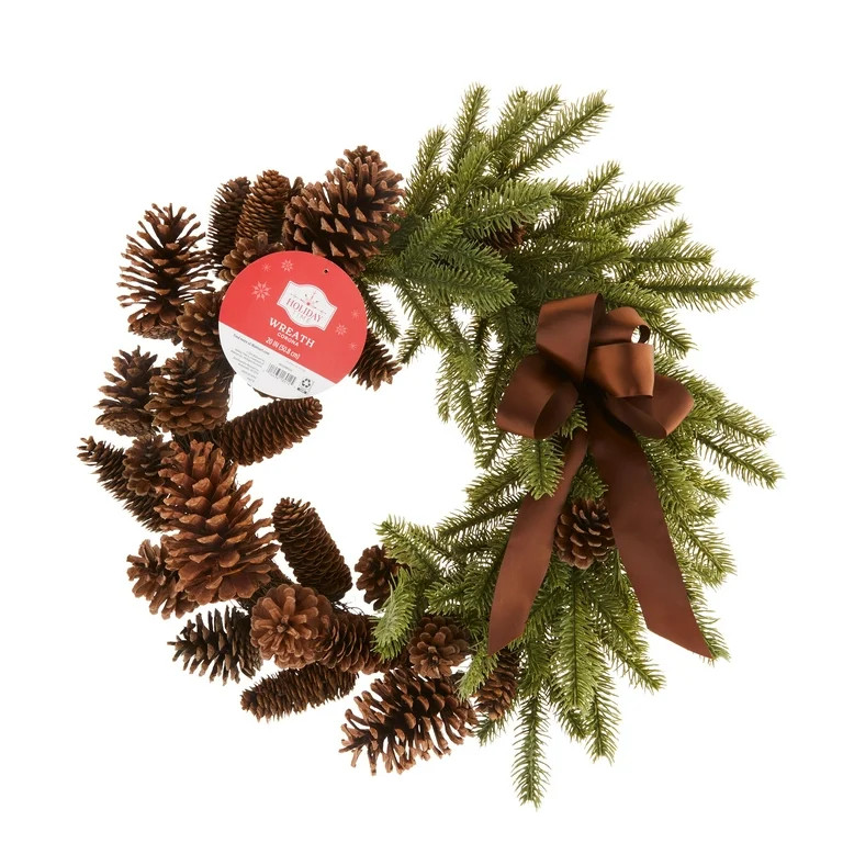 Holiday Time Natural Pinecones & Artificial Green Pine Decorative Wreath, 20" x 20" | Walmart (US)