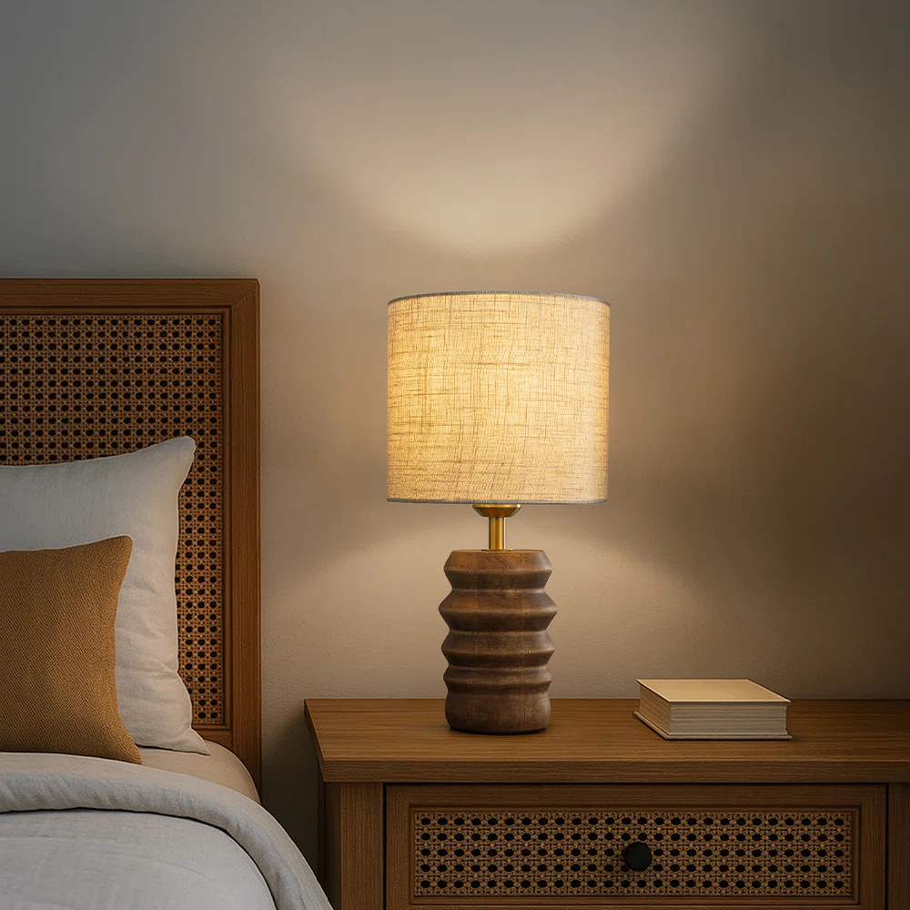Millwood Pines 15'' Japandi Solid Wood Base Table Lamp Modern Classic Nightstand Lamp with Beige ... | Wayfair North America