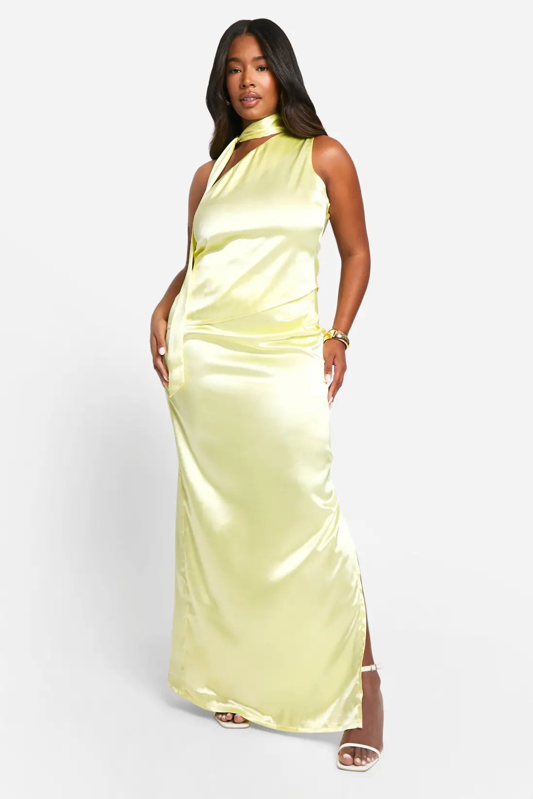 Lemon boohoo Plus Premium Satin One Shoulder Top & Maxi Skirt Co-ord | PrettyLittleThing USA | PrettyLittleThing US