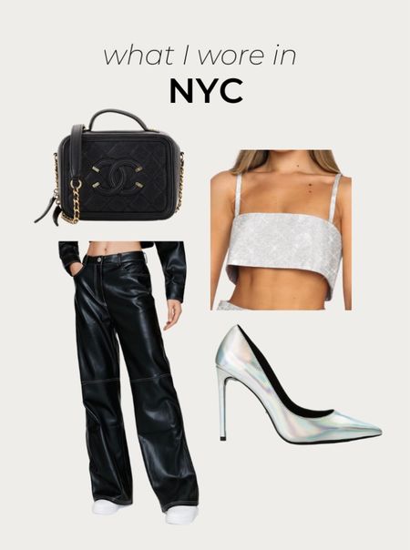 NYC OOTD ~ chanel bag, meshki crop rhinestone top, revolve heels and urban outfitters leather pants #ltkshoes #shoecrush #revolve

#LTKtravel #LTKunder100 #LTKstyletip
