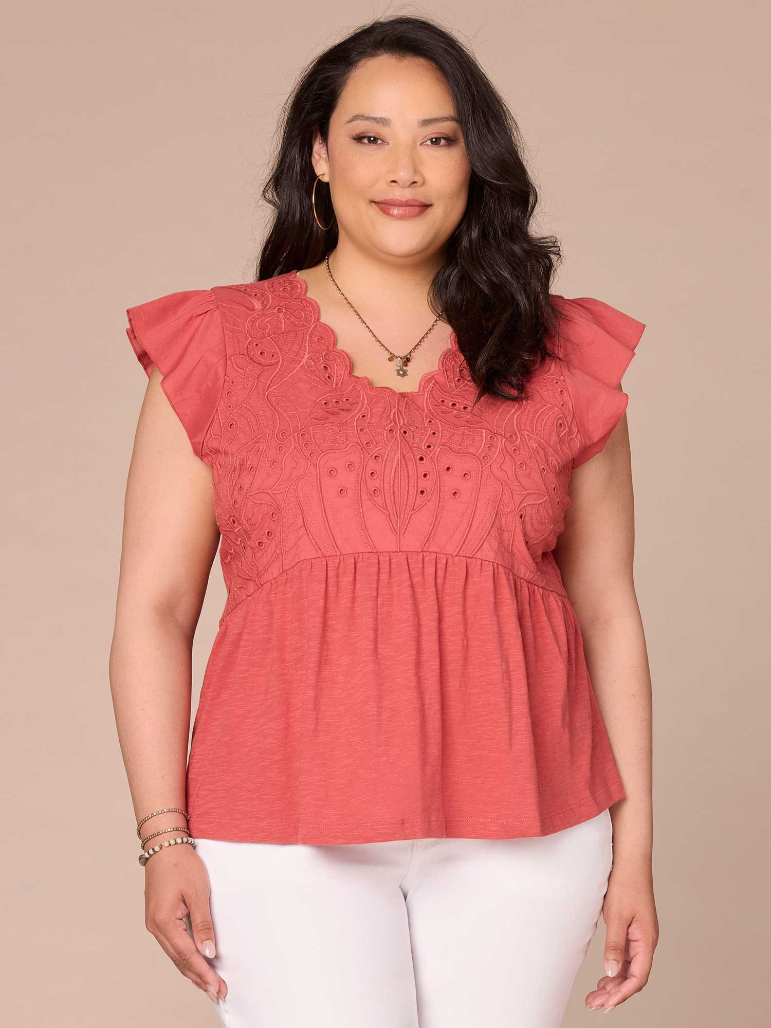 Flutter Sleeve V-Neck Embroidered Mixed Media Plus Size Knit Top | Democracy Clothing