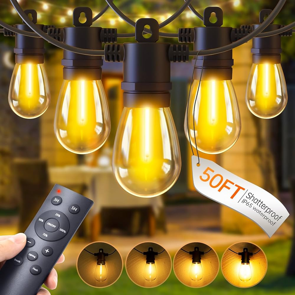 LED Outdoor String Lights Patio - 50FT Dimmable Hanging Light with Remote, Waterproof Shatterproo... | Amazon (US)