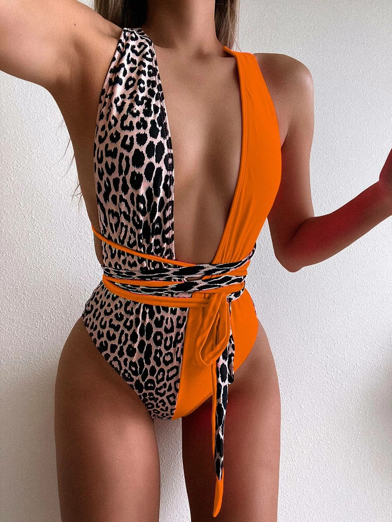 Contrast Leopard Plunging One Piece Swimwear | SHEIN