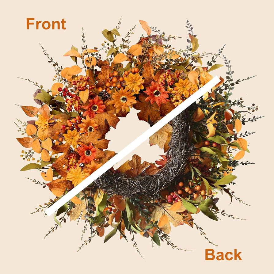 Artificial Fall Wreath 22 Inch Fall Wreaths for Front Door with Orange Berries Daisies Eucalyptus... | Amazon (US)