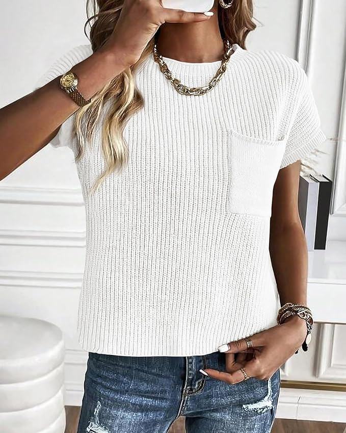 KIRUNDO Spring Tops for Women Short Cap Sleeve Sweater Vest 2025 Summer Fashion Knit Pullover Tan... | Amazon (US)