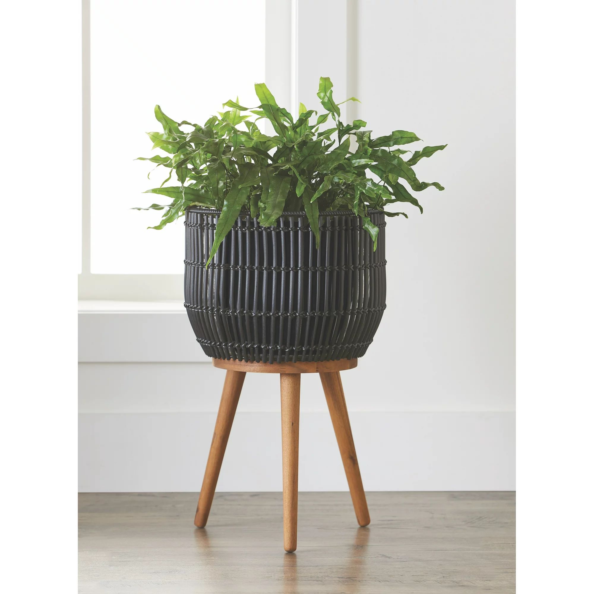 Better Homes & Gardens Black Round Resin Planter & Stand Set with Wood Legs | Walmart (US)