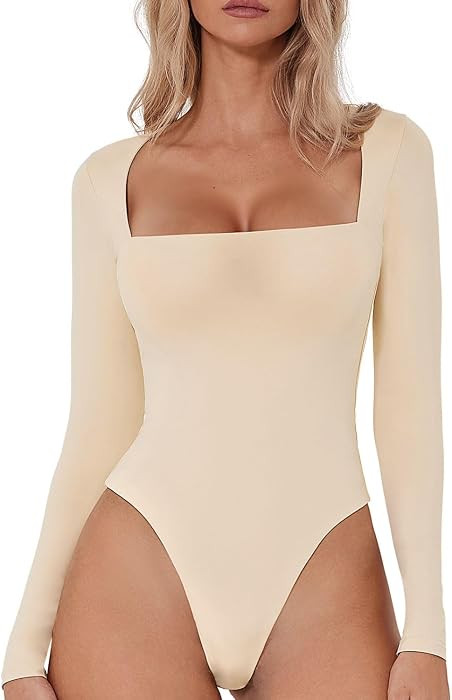 QINSEN Women's Sexy Square Neck Bodysuit Long Sleeve Double Lined Shirt Tops | Amazon (US)