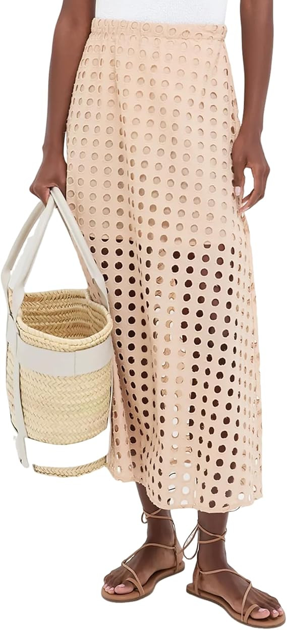 Ailoqing 2025 Summer Casual Long Skirt for Women Cotton Eyelet Beach Maxi Skirt with Underneath | Amazon (US)
