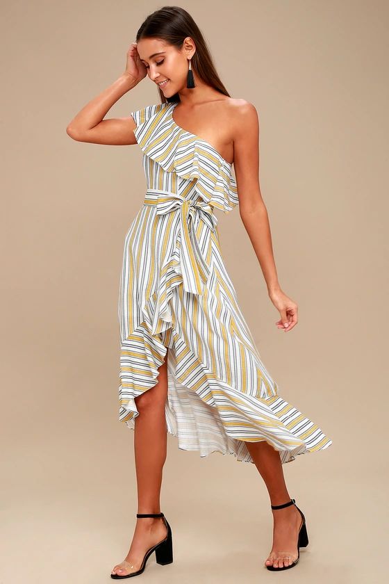 High Tide Yellow Striped One Shoulder Midi Dress | Lulus