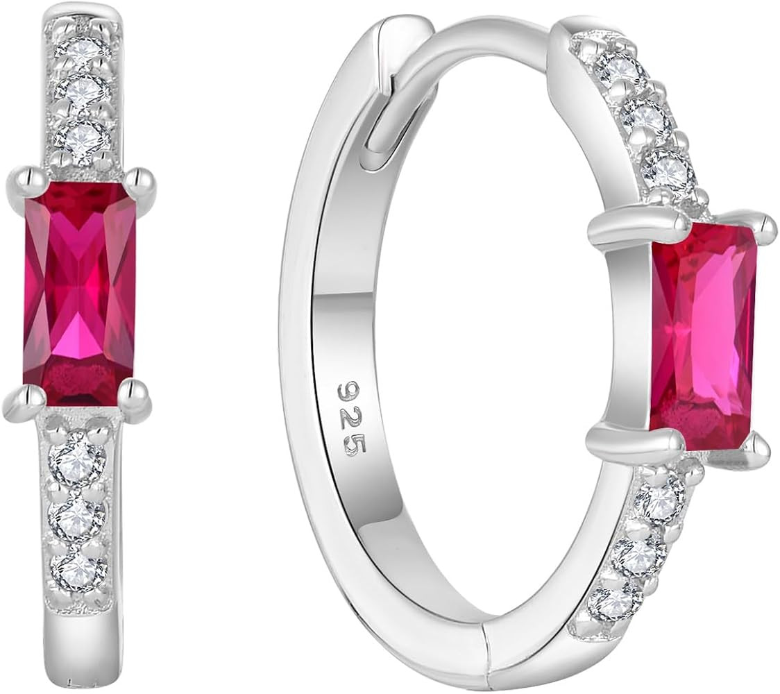 Huggie Hoop Earrings for Women 925 Sterling Silver Baguette Hoop Earrings Birthstone Jewelry Gift... | Amazon (US)