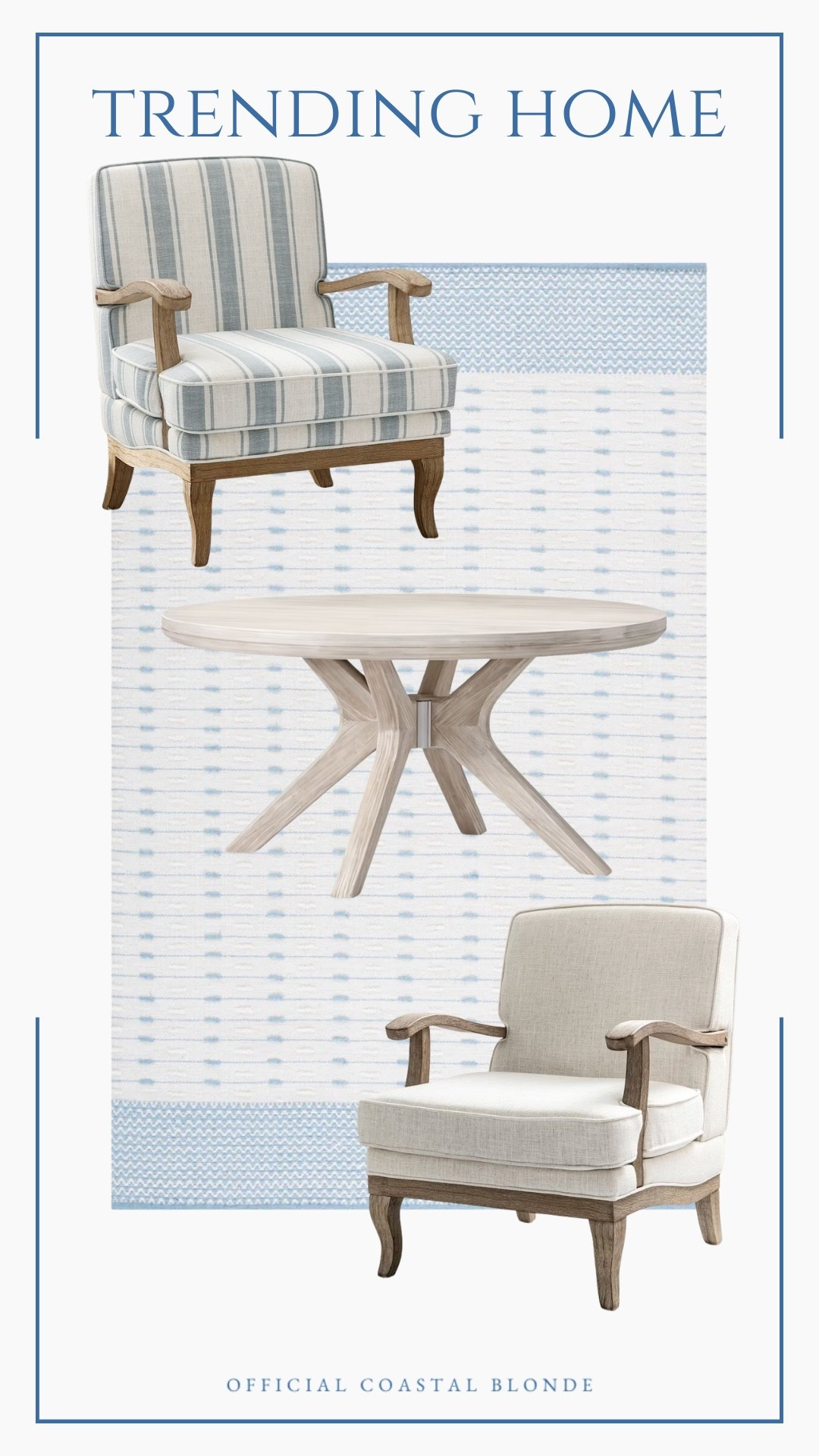 Blue and white living room 
White wood coffee table 
Farmhouse armchair stripes
Blue and white 
Home decor
Blue white rug 
Target 


#LTKSaleAlert #LTKHome