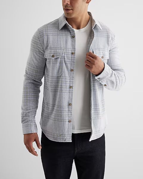 Grid Plaid Double Pocket Sweater Flannel Shirt | Express