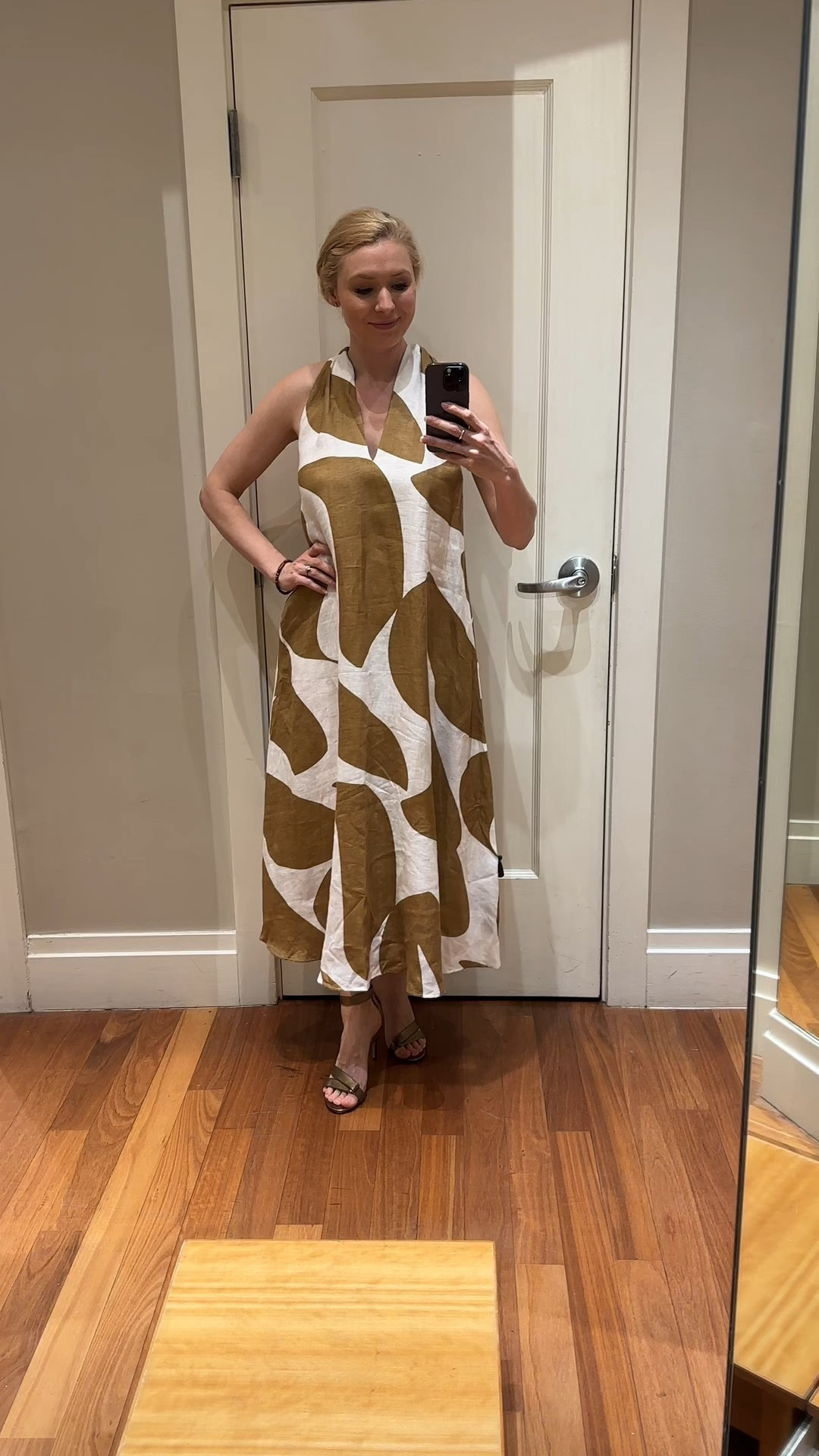 Brown and cream patterned loose and lightweight linen dress perfect for professional wear or lounging on vacation. Bronze heals are comfortable and classy.
#BananaRepublic 

#LTKtravel #LTKVideo #LTKworkwear