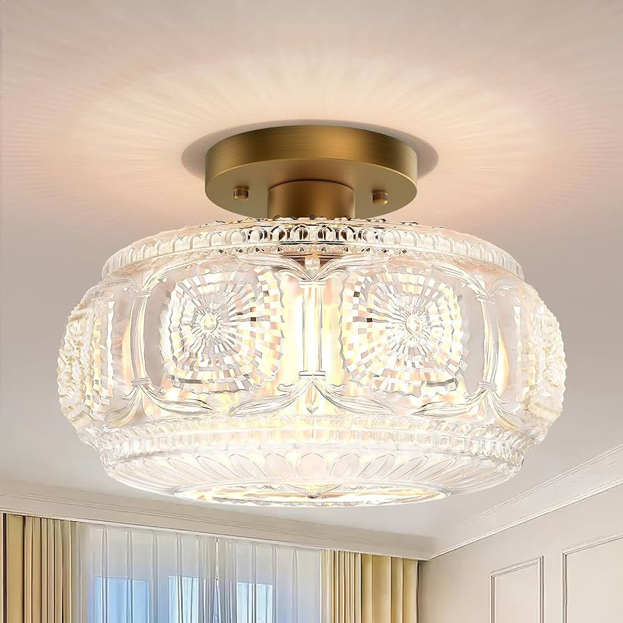 Semi Flush Mount Ceiling Light, Upgraded Larger Gold Glass Ceiling Light Fixture, Vintage Lightin... | Amazon (US)