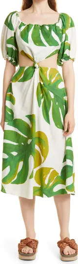 FARM Rio Leaf Print Cutout Detail Linen Blend Dress | Nordstrom | Nordstrom